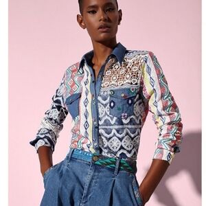 Desigual " Mauricia " Mix Print Embroidered Chambray Shirt